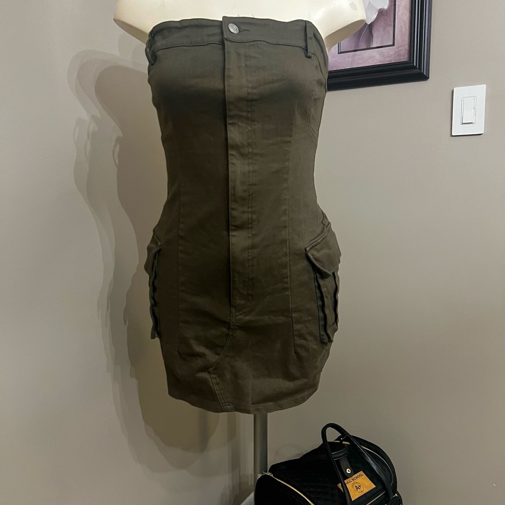 Strapless Olive Green Dress